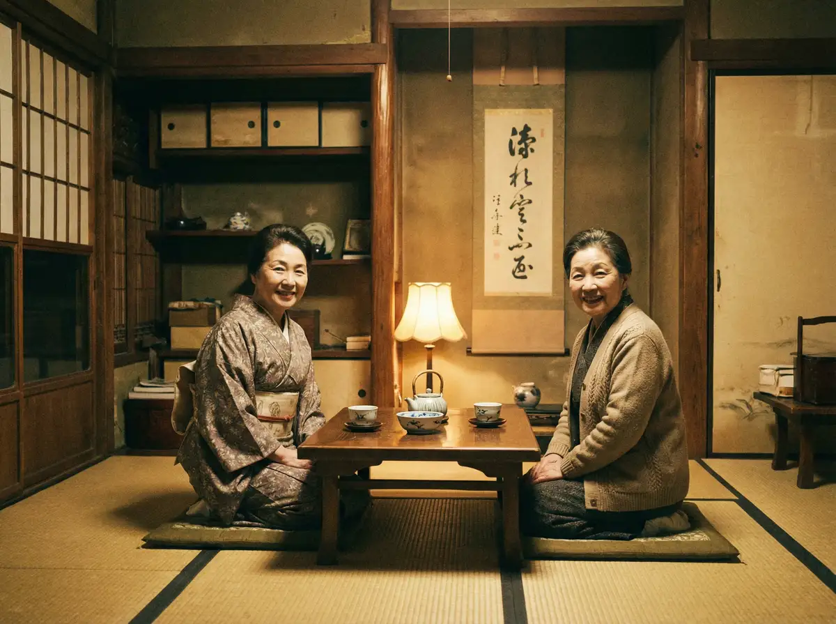 两位优雅的 草榴视频 在日式茶室中品茶交谈